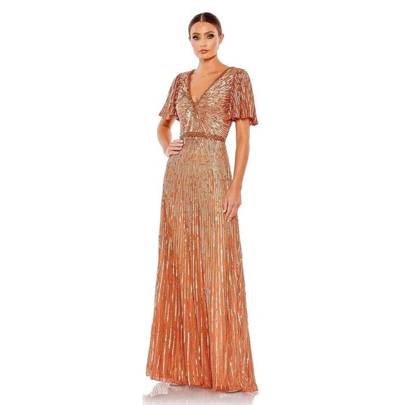 Mac Duggal Embellished V Neck Butterfly Sleeve Column Gown Copper Size 8 NWT